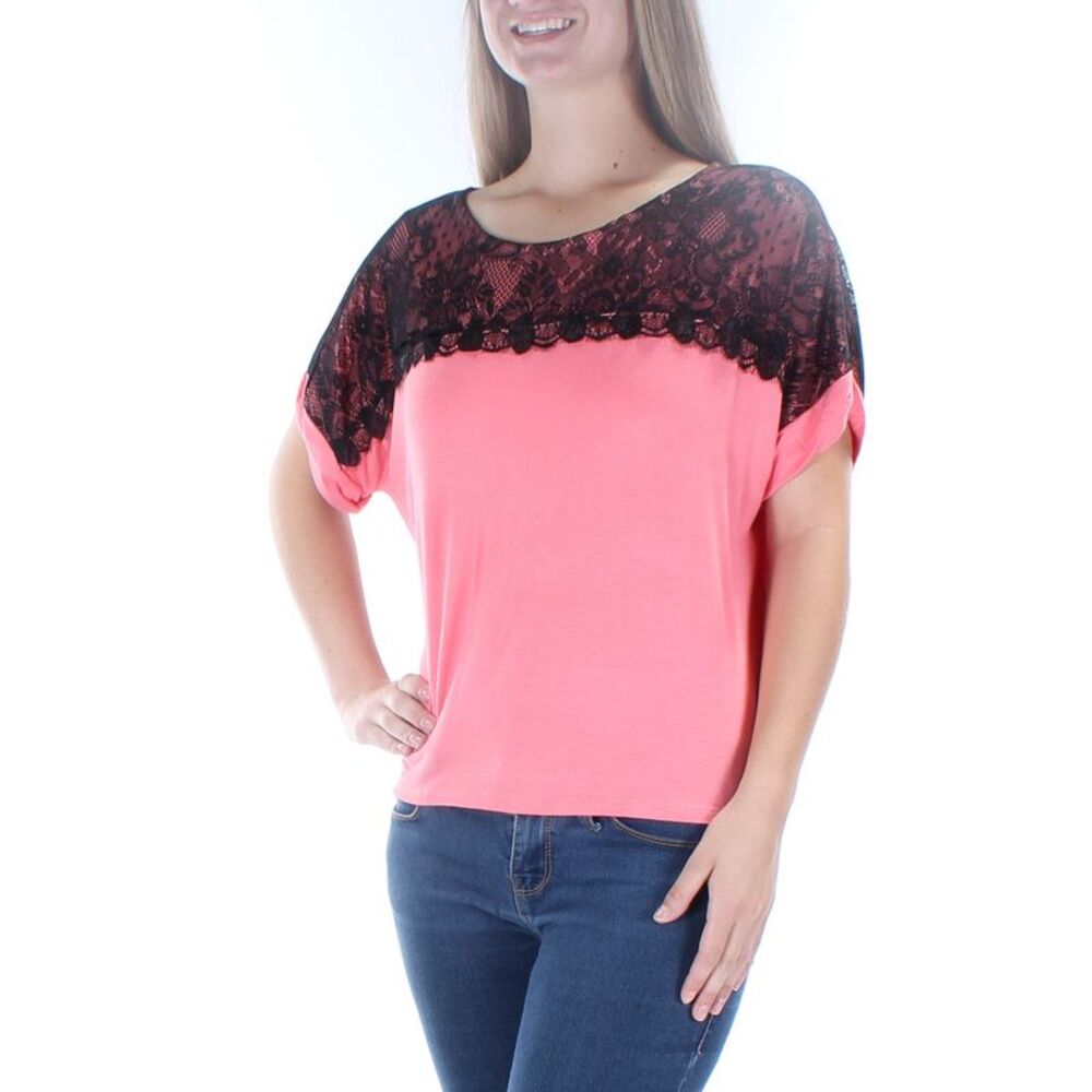 MON AMI Womens Pink Lace Short Sleeve Jewel Neck T-Shirt Size: M